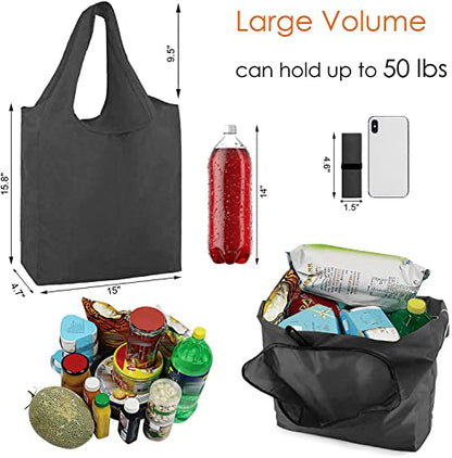 BeeGreen 10 Pack Black Reusable Grocery Bags with Storage Pouch Reusable Shopping Bags Bulk with Elastic Band 50LBS X-Large-Foldable-Washable-Heavy Duty-Waterproof Grocery Tote Bags - color: Solid Black