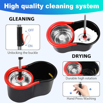 Spin Mop and Bucket with Wringer Set, 360° Spinning Mop Bucket System with 3 Microfiber Mop Replacement Heads Refills, Stainless Steel Extended Handle for Floor Cleaning Home Office