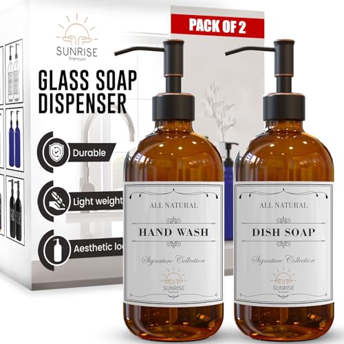 Sunrise Premium Amber Glass Soap Dispenser with Rubbed Bronze Pump, 2 Pack - color: Oil Rubbed Bronze Ss Pump - Amber Glass