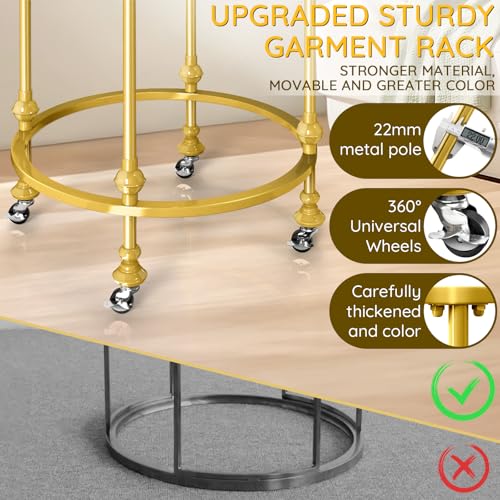 Rolling Round Garment Rack, Gold Clothing Rack with Wheels and Topper - color: Gold
