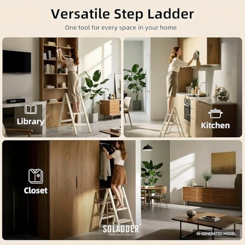 SOLADDER 3 Step Ladder, Folding Step Stool, Cream Chocolate - color: Cream Chocolate, size: 3 Step