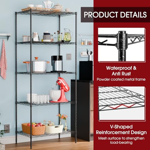 FDW | 5-Tier Wire Shelf | 23.8" x 14" x 60" | Black - color: Black, size: 5-Shelf Large No Wheels