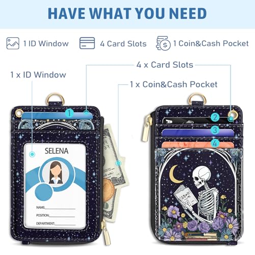 Goth Skeleton Book Lanyard Wallet with ID Badge Holder, Small RFID Keychain - color: Book Skeleton