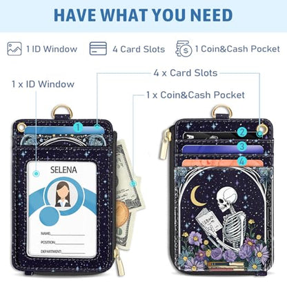 Goth Skeleton Book Lanyard Wallet with ID Badge Holder, Small RFID Keychain - color: Book Skeleton