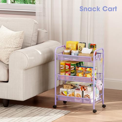 TOOLF 3 Tier Rolling Cart, Metal Utility Storage Cart with Wheels, Purple - color: Purple, size: 3-Tier