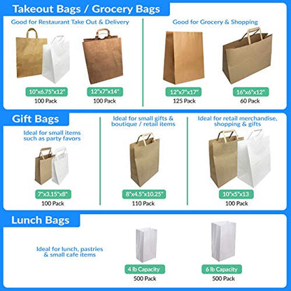 Reli. Kraft Paper Bags w/Handles (100 Pcs, Bulk) (Large 10"x6.75"x12")