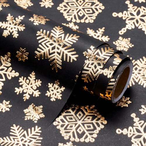 WRAPAHOLIC 30 Inch 3D Kraft Christmas Wrapping Paper - 30 Inch x 16.5 Feet - Gold and Black Snowflake Wrapping Paper with Embossed Perfect for Christmas, Holiday, Party Celebration - color: Christmas Snowflakes - Black & Gold, size: 30 inch x 16.5 feet