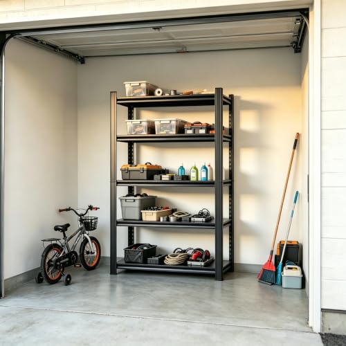 5 Tier Garage Shelving, Heavy Duty Storage Shelf, Adjustable Metal Storage Rack for Garage, Warehouse, Workshop, Black (63" H x 28" W x 14" D) - size: 5-Tier (63"Hx28"Wx14"D)