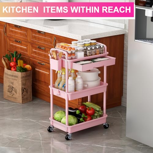 Goovilla 3 Tier Rolling Utility Cart Organizer with Removable Drawer, Pink - size: 3 Tier, style: Pink