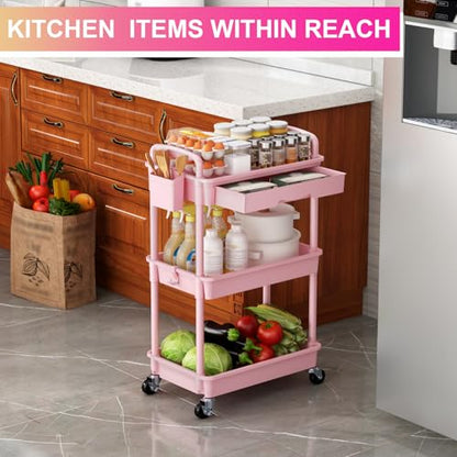Goovilla 3 Tier Rolling Utility Cart Organizer with Removable Drawer, Pink - size: 3 Tier, style: Pink