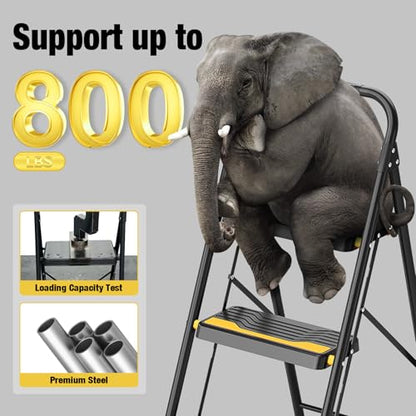 Urackify 3 Step Ladder, Heavy-Duty 800lb Capacity, Wide Anti-Slip Steps & Secure Handrail Compact, Folding Step Stool Portable Design for Home, Kitchen, Office, Pantry, Closet Use, Black - size: 3-step