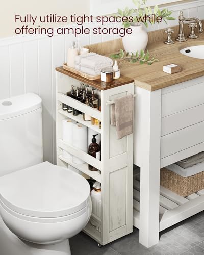 VASAGLE 4-Tier Slide-Out Storage Cart, Slim Kitchen Cart with Wheels - color: Rustic White + Honey Brown, size: 7.9"D
