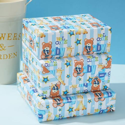 ZINTBIAL Baby Shower Wrapping Paper Roll - Blue Animal Heart Theme Newborn Gift Wrap Paper for Boy Baby Shower, Children's Christening, Birthday, New Mommy - 17.5 in x 16.5 ft，Cut Lines on Back - color: Baby Shower-Blue