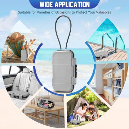 Portable Travel Safe Lock Box 4-Digit Combination Mini Safe Box, Anti-Theft Beach Security Lockbox Waterproof Small Lockable Box with Removable Wire Rope for Dorm Beach Hotel Car Home Office - color: Grey