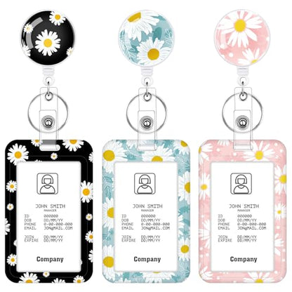 3 Pack Daisy Id Badge Holder with Retractable Reel, Vertical, Clear - color: Daisy