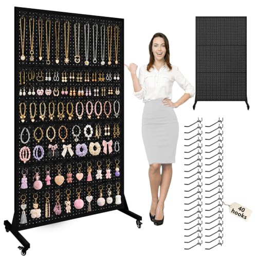 Royxen 70 x 44 Inch Metal Pegboard with 40 Hooks, Large Standing Pegboard Display with T-Base, Peg Board Display Stand with Wheels, Art Display Stand for Retail Stores Exhibitions Homes (Black) - color: Black