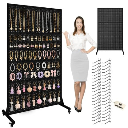 Royxen 70 x 44 Inch Metal Pegboard with 40 Hooks, Large Standing Pegboard Display with T-Base, Peg Board Display Stand with Wheels, Art Display Stand for Retail Stores Exhibitions Homes (Black) - color: Black