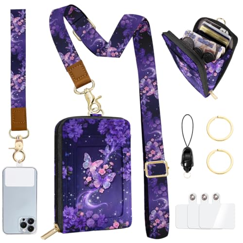 Lightweight ID Badge Holder with Lanyard Card Holder, RFID Wallet Lanyard - color: Purple Butterfly