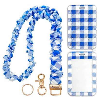 Scrunchie Lanyard/Stretchy Lanyards with ID Holder Checkered Pattern Retractable Lanyard with Badges Keychain Holder, Ideal for Women Teachers Nurse Back to School Birthday Gifts (Blue) - color: Blue