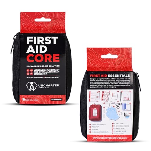 Uncharted Supply Co. First Aid Core – Travel-Size First Aid Kit with 30+ Pieces, Water-Resistant Nylon Pouch, MOLLE Attachment & Labeled Pockets – Compact Emergency Kit for Purse, Locker, Bag
