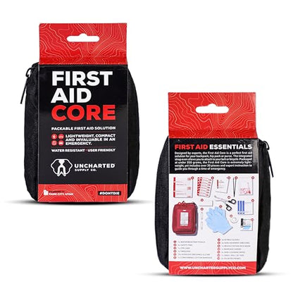 Uncharted Supply Co. First Aid Core – Travel-Size First Aid Kit with 30+ Pieces, Water-Resistant Nylon Pouch, MOLLE Attachment & Labeled Pockets – Compact Emergency Kit for Purse, Locker, Bag