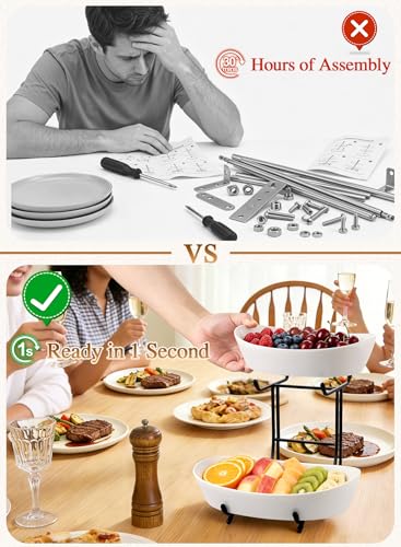 2 Tier Ceramic Fruit Bowl for Kitchen Counter with Black Metal Stand - color: Black, size: 2 Tier
