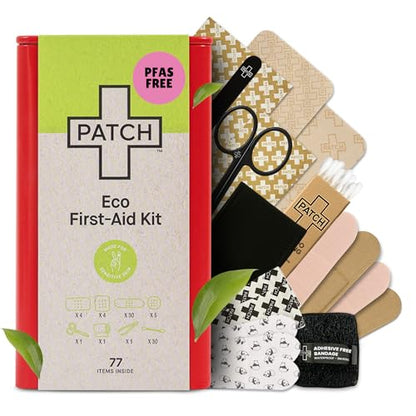 Patch Eco First Aid Kit, Assorted Hypoallergenic Adhesive Sizes Large and Small Bandages for Sensitive Skin, Essential Medical Supplies in a Reusable Tin, Latex Free, Sensitive Skin Bandages, 77 ct