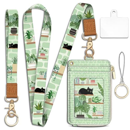 Cute Black Cat Lanyard Wallet with ID Badge Holder Small Slim RFID Keychain - color: Cat Plant Shelf