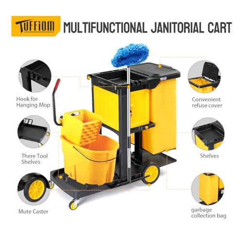 TUFFIOM Janitorial Cart with Key-Locking Cabinet, 3-Shelf Commercial Cleaning Cart, Housekeeping Caddy with Locker,Wheeled with Yellow Vinyl Bag, Black, Great for Hotel, Stores, Schools, and Business - color: Black