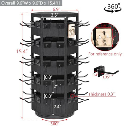 Ikee Design Wood Rotating Jewelry Display Tower for Keychains & Earrings - color: 6 side, Black, 60 hooks