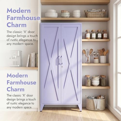 61" Tall Purple Farmhouse Metal Kitchen Pantry Cabinet, Lockable Freestanding Storage Cabinet with 2 X-Shape Metal Doors & 3 Adjustable Shelves, Cupboard with Legs for Home, Bedroom, Garage, Office - color: Lilac, style: Pantry-61"H-DH