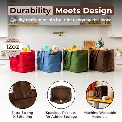 VeraMia Canvas Grocery Bag 3pc XL Set with Real Pockets, Long Shoulder Strap and Short Handle. Heavy Duty, Foldable, Washable - color: Dark Chocolate