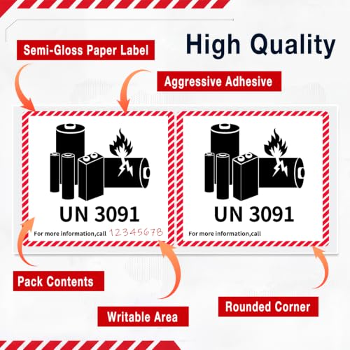 Dunzoom 100 Pcs UN3091 Lithium Ion Battery Caution Labels 4.7" x 4.3" - color: Un3091, size: 4.7" X 4.3"