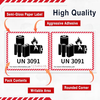 Dunzoom 100 Pcs UN3091 Lithium Ion Battery Caution Labels 4.7" x 4.3" - color: Un3091, size: 4.7" X 4.3"