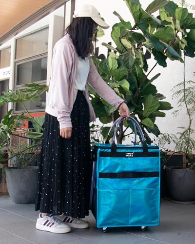 Reusable Grocery Bag with Wheels, Medium Glitter Blue Rolling Tote - color: Glitter Blue, size: Medium