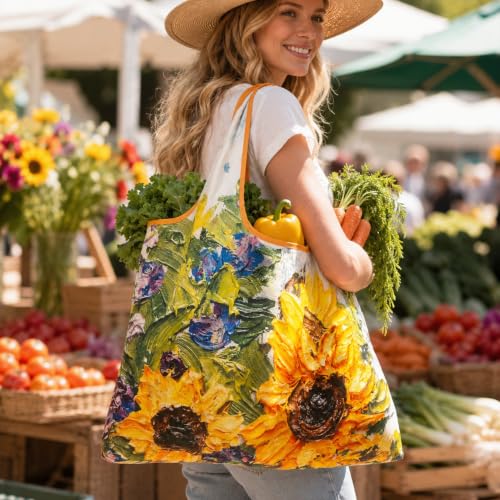 Foldable Grocery Tote Bag, Sunflower Print Shoulder Bag for Errands Travel - color: A1-big Sunflower