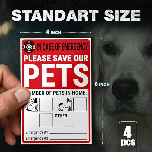 Pet Alert Safety Fire Rescue Sticker, 4 x 6 Inch Adhesive Vinyl, 4 Pack