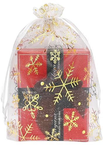 Jexila 100PCS Christmas Organza Gift Bags 4X6 inches Small Mesh Christmas Drawstring Goodie Candy Treat Bags for Holiday Xmas Party Favor - color: Gold Snowflake 4X6