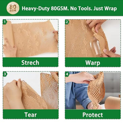 Honeycomb Packing Paper - Biodegradable Bubble Wrap Alternative 15"x200 FT, 80gsm with 20 Fragile Sticker Labels | Eco-Friendly Cushioning for Shipping, Moving & Small Business Packaging,Fragile Items - size: 15 Inch x 200 Feet