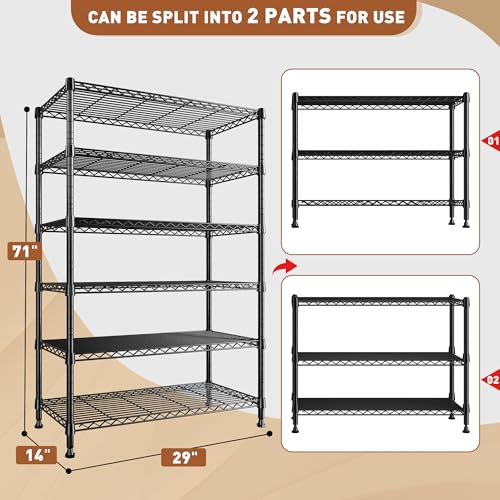 REIBII 71" H 6-Tier Heavy Duty Wire Shelving, 1200 lbs, 2-in-1 Adjustable - size: 6 Tier-14"D x 29"W x 71"H