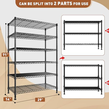 REIBII 71" H 6-Tier Heavy Duty Wire Shelving, 1200 lbs, 2-in-1 Adjustable - size: 6 Tier-14"D x 29"W x 71"H