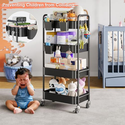4 Tier Rolling Cart Metal with Wheels, Black Storage Carts,38in Tall - color: Matte Black, size: 4 Tier + Cups + Hooks