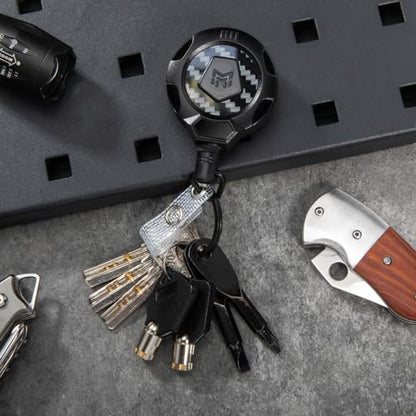 MNGARISTA Upgraded Heavy Duty Retractable Keychain with Belt Clip, 10 OZ Retraction, 31.5" Stainless Steel Cord, 3K Carbon Fiber ID Badge Reel with Badge Strap and Key Ring - color: Black Keychain 1 Pcs