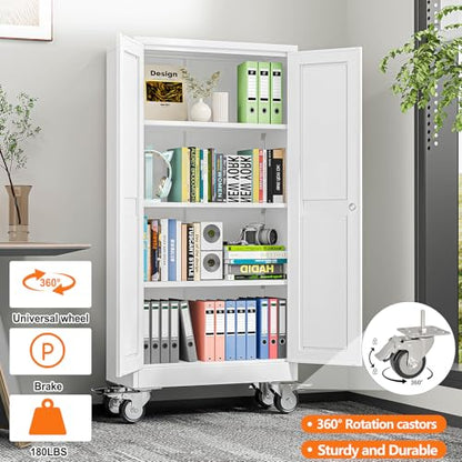 pozdeg 61" White Lockable Rolling Metal Garage Storage Cabinet - color: White, size: 13.78"D x 27.56"W x 61"H