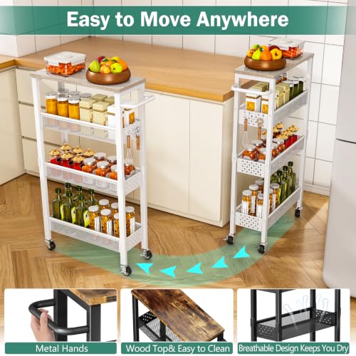 Vivihomety 4-Tier Slim Utility Rolling Laundry Cart with Wheels, Metal - color: White, size: 7.1 inch wide