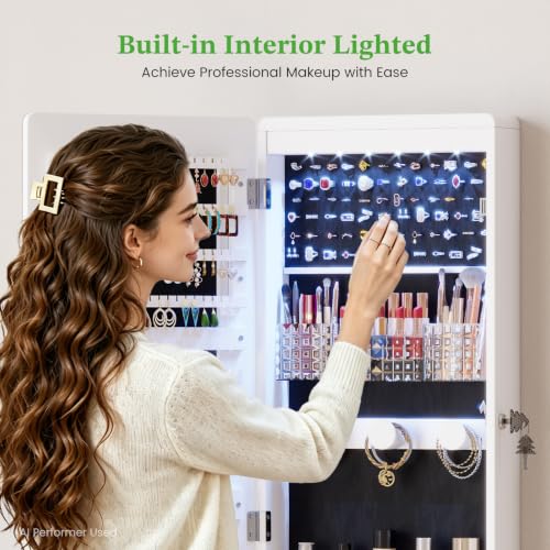 HNEBC Over the Door Organizer, Jewelry Cabinet with Lights,White - color: 21-White