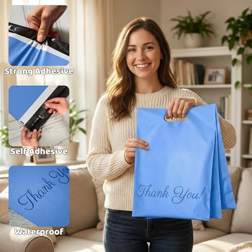 Donyson Blue Poly Mailers with Handle, 10x13, 100 Pack, Packaging Bags - color: Blue, size: 10x13 (100 Pack)