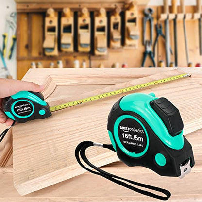 Amazon Basics Retractable Tape Measure with Metric and SAE Measurements, 16 ft / 192 in, Turquoise - color: Turquoise