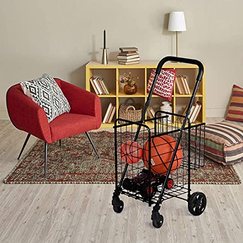 Happygrill Foldable Shopping Cart, Grocery Cart on Wheels with Double Basket, Swivel Wheels and Adjustable Handle, Utility Cart or Grocery Laundry Luggage Travel