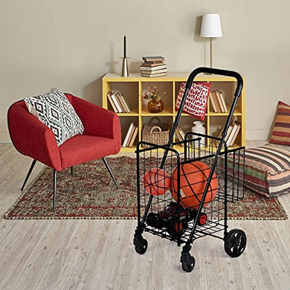 Happygrill Foldable Shopping Cart, Grocery Cart on Wheels with Double Basket, Swivel Wheels and Adjustable Handle, Utility Cart or Grocery Laundry Luggage Travel